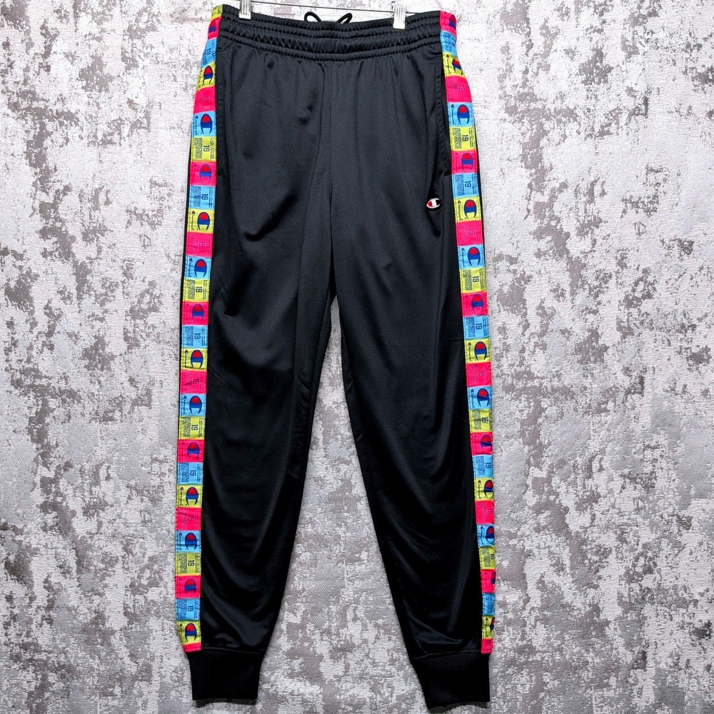 Champion Black Track Pants Multi Color Logo Taping Y2K Style Joggers Mens